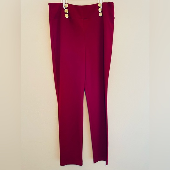 Plus Size Women High Waist Fitted Leg Pants in Wine with Royal Gold Button Decor - Picture 5 of 6